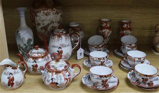 A Kutani vase and pair, jar, teaset and eggshell vase, vase 30.5cm.